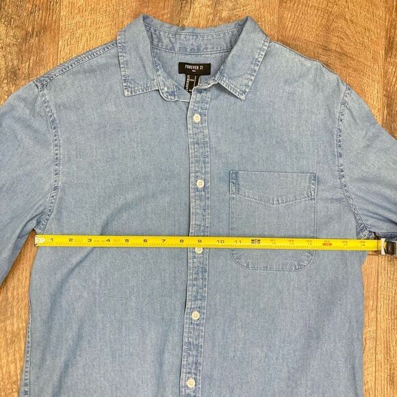 Forever 21 Men’s Blue Button Down Denim Shirt Long Sleeve‎ 100% Cotton sz S NWT - Picture 4 of 7